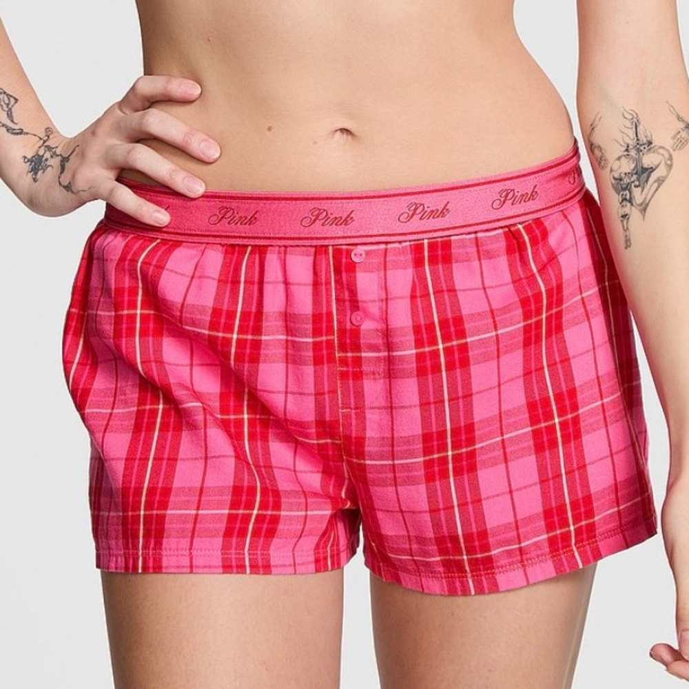 PINK VICTORIA’S SECRET Flannel Boxy Pajama Shorts Rose Red Plaid Comfy Preppy XL